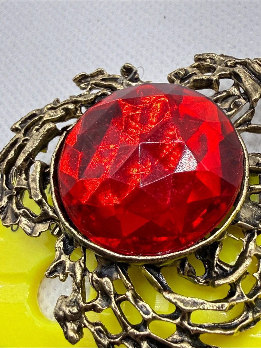 Faceted Antique-Style Red Stone Brooch in Aged Gold Tone metal brutalist dome